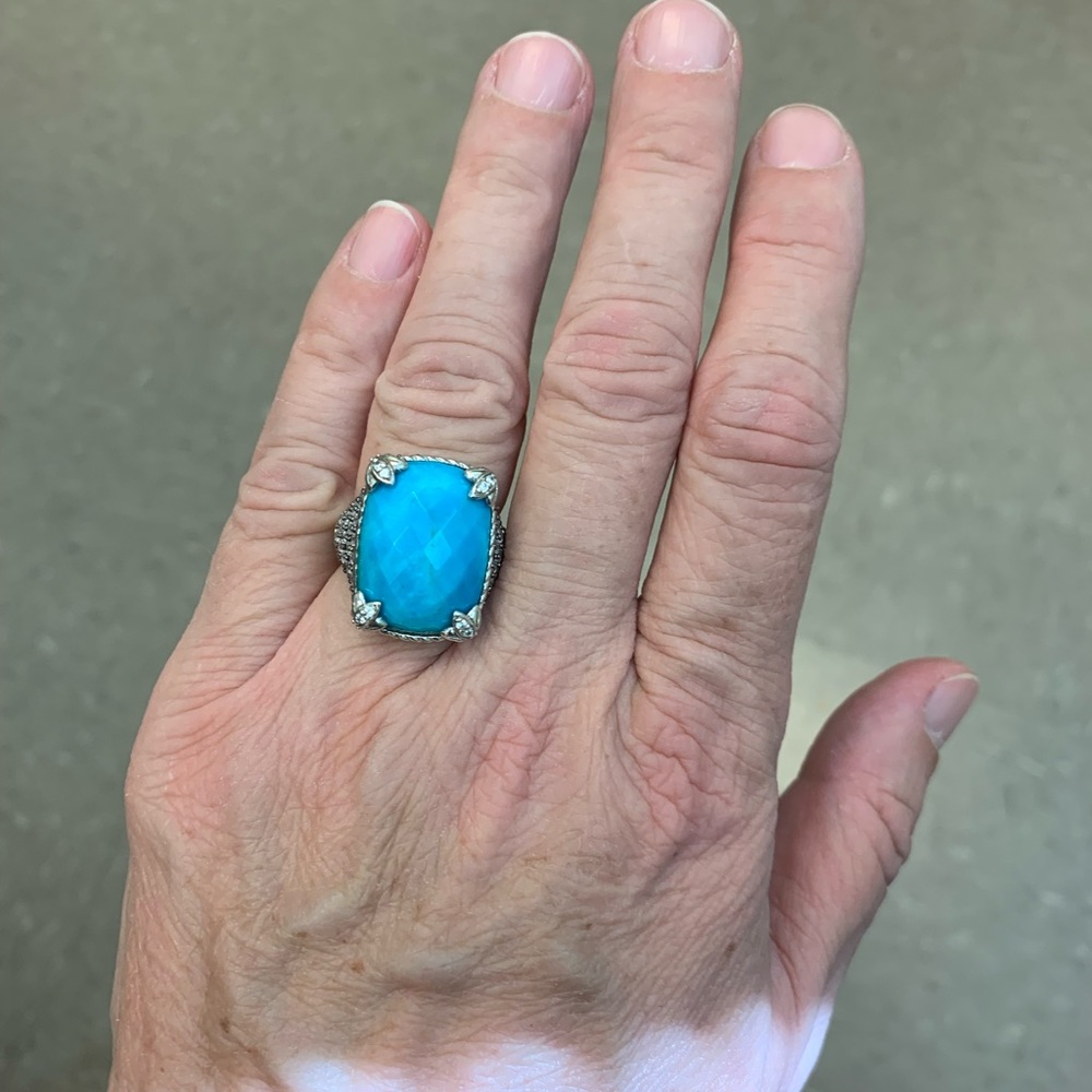 Judith Ripka SS, CZ and turquoise Monaco ring -size 6.75